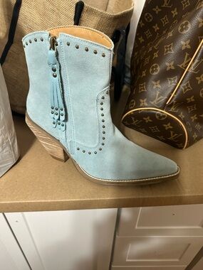 Dingo Light Blue Suede Tassel Studded Ankle Boots
